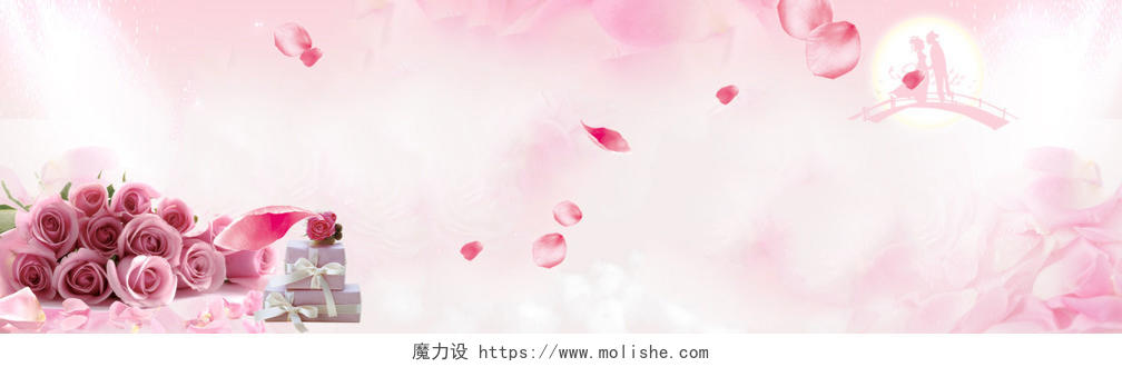 浪漫粉色花瓣情人节玫瑰花海报背景